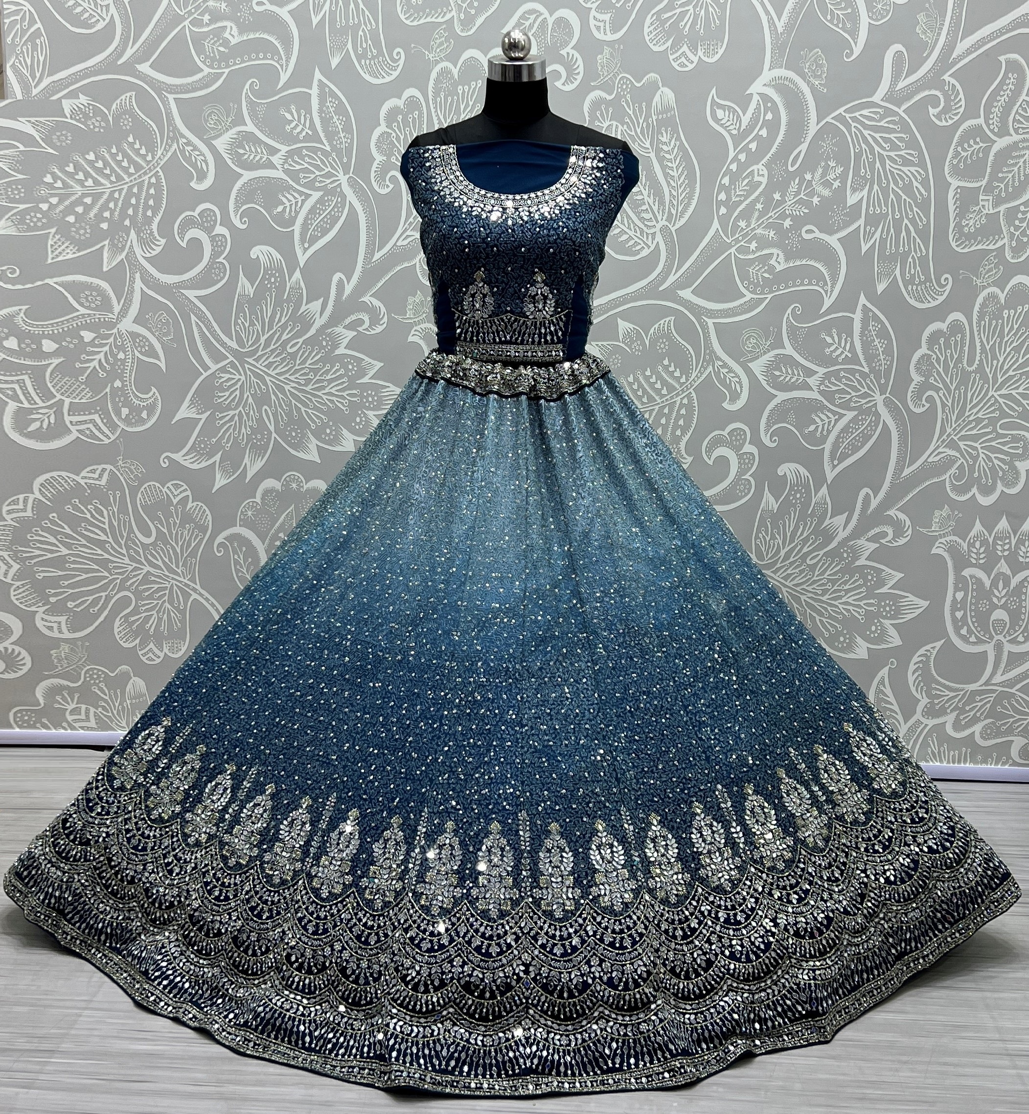 Blue Net Wedding Lehenga Choli